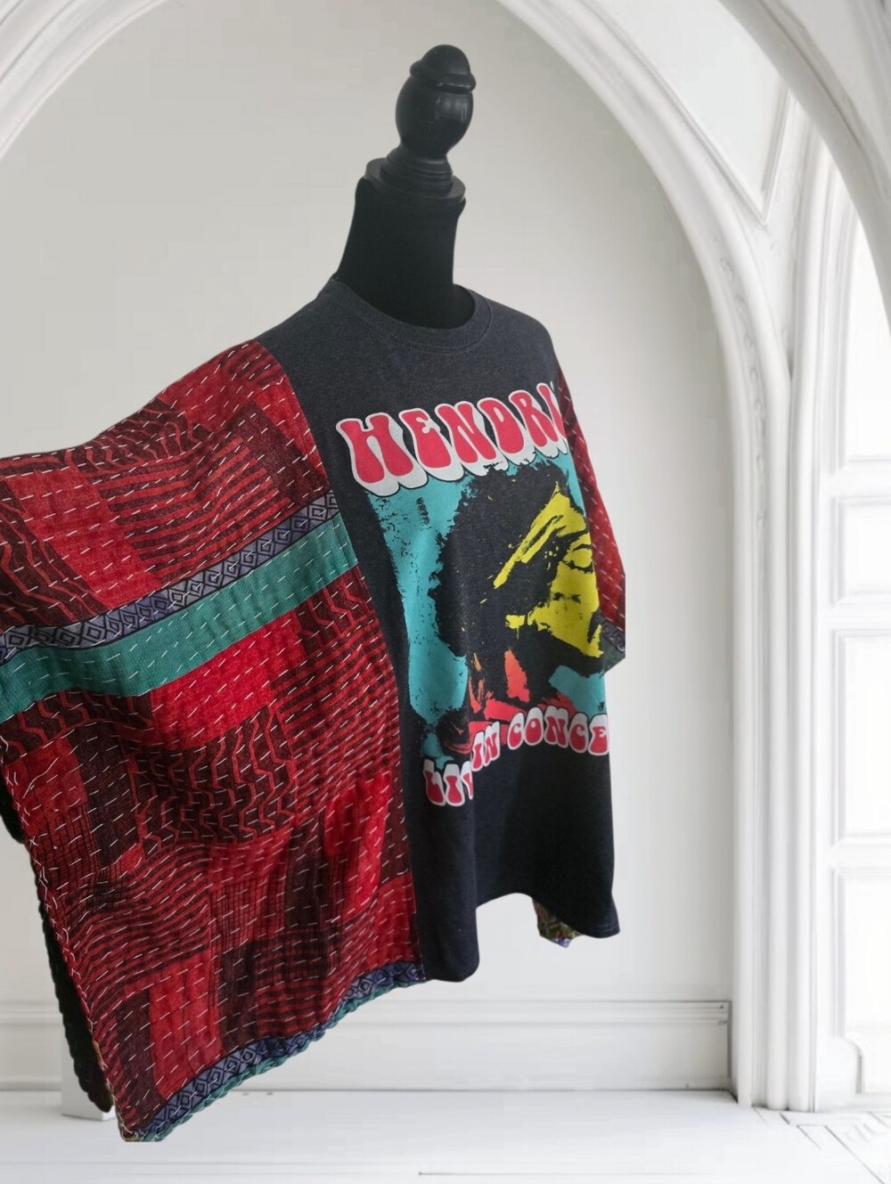Upcycled Jimi Hendrix Band Tee With Kantha Sleeves, OS - Picture 4 of 6